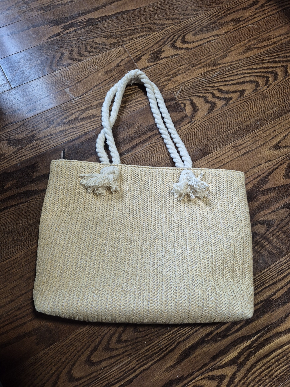 Woven Straw Tote Bag with Rope Handles - Cream